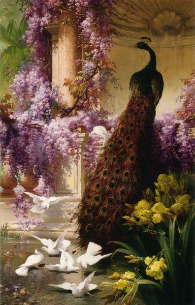 Eugene Bidau A Peacock and Doves in a Garden oil painting image